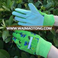 Kids gardening gloves with pvc dots palm drill canvas back knit wrist