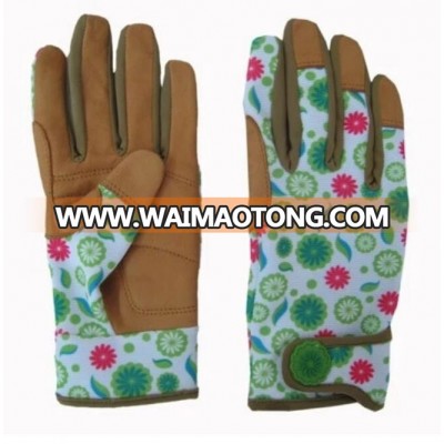 OEM windproof flower print synthetic leather palm utility green garden gloves for women