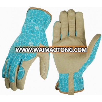 tool gardening gloves with synthetic leather palm, Fashion flower print breathable stretch spandex back